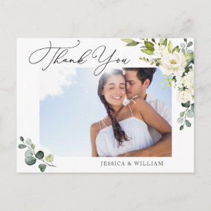 Eucalyptus White Roses Wedding Photo Thank You Postcard