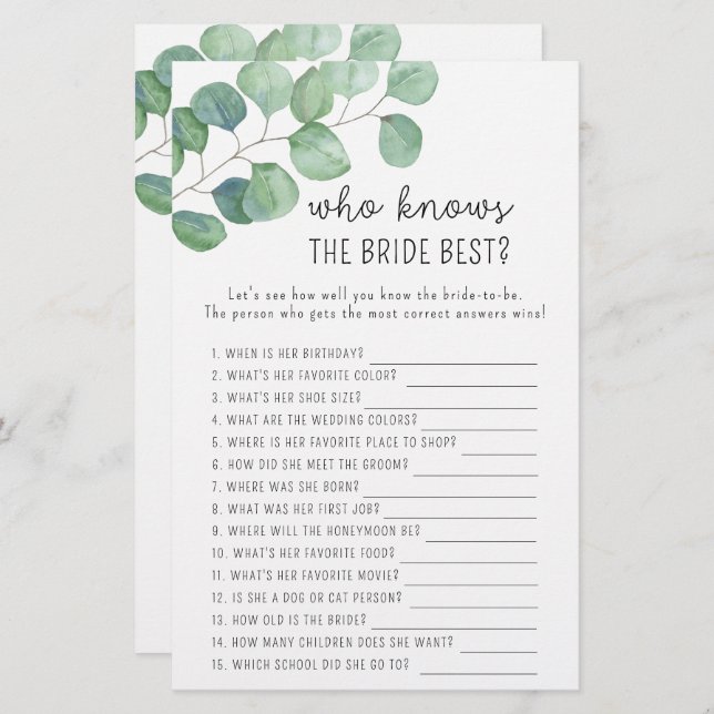 Eucalyptus - Who knows the bride best game (Front/Back)