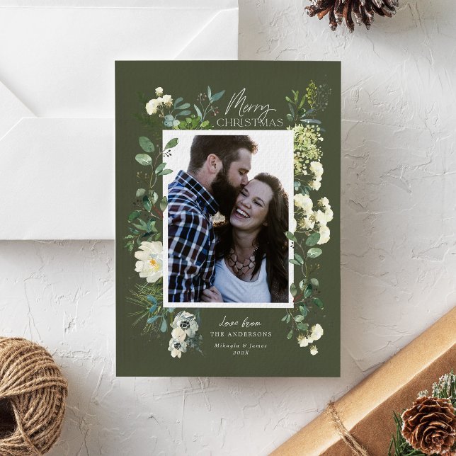 Eucalyptus Winter Botanical Frame Holiday Card (Green winter botanical one photo Christmas photo card by Erika Firm)