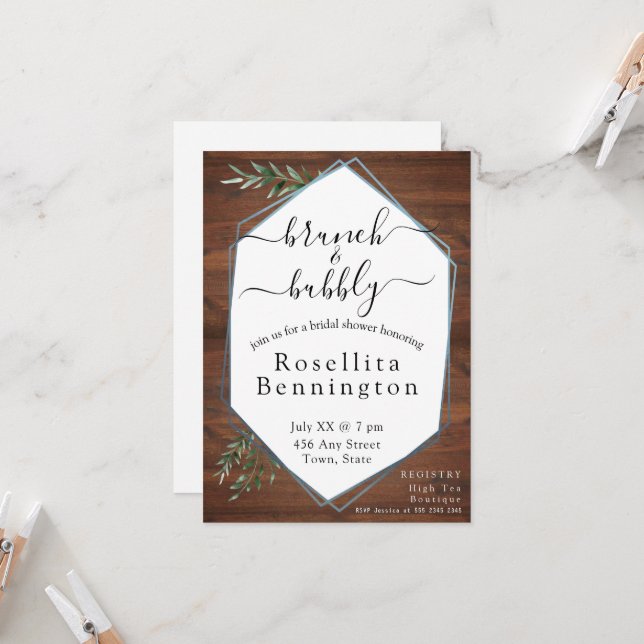 Eucalyptus Wood Brunch and Bubbly Bridal Shower Invitation (Front/Back In Situ)
