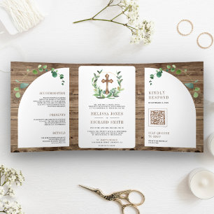 Eucalyptus Wood Cross All in One Catholic Wedding Tri-Fold Invitation