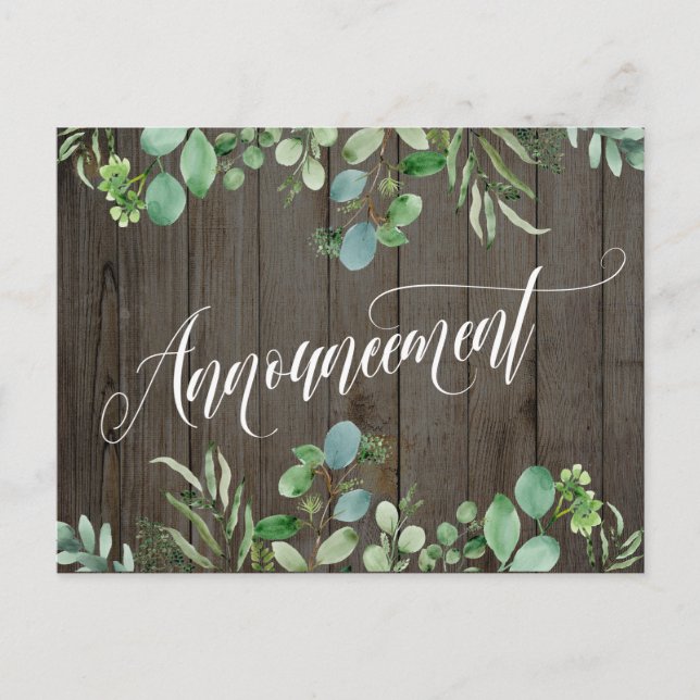 Eucalyptus & Wood Postponed Wedding Announcement Postcard (Front)