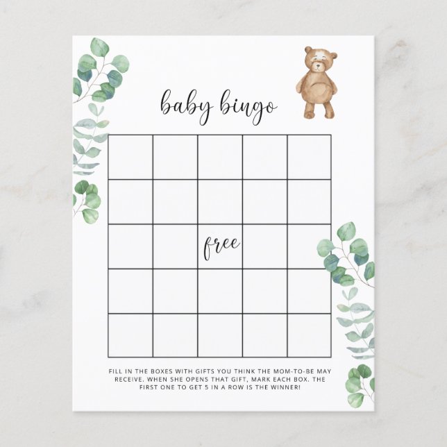 Eucalyptus woodland Baby shower bingo game (Front)