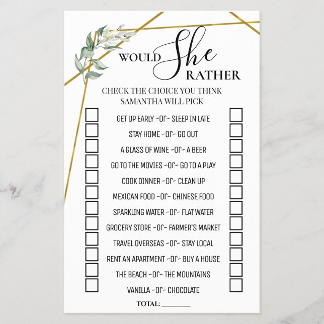 Eucalyptus Would She Rather Bridal Shower Game Flyer (Front)