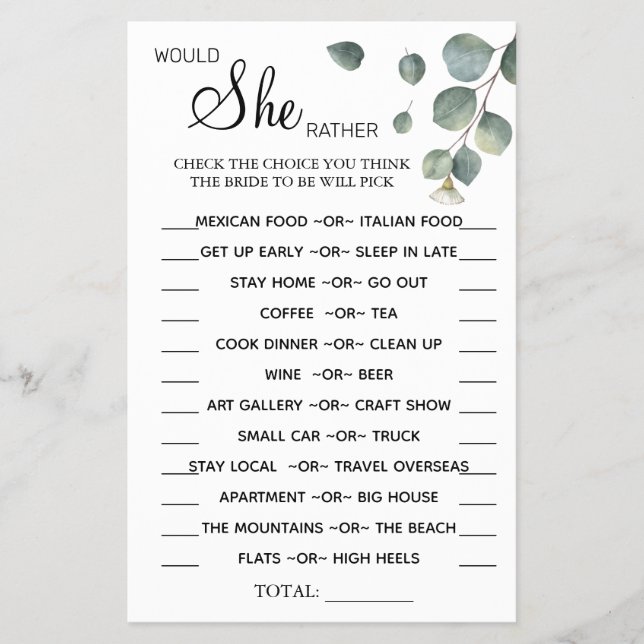 Eucalyptus Would She Rather shower game card (Front)