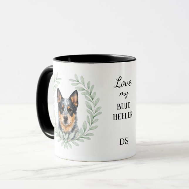 Eucalyptus Wreath Blue Heeler Dog Monogram Mug (Front Left)