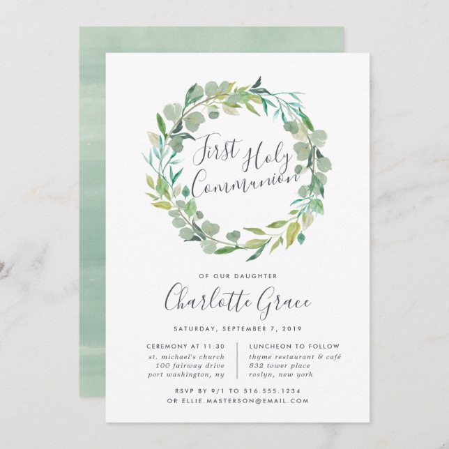 Eucalyptus Wreath First Holy Communion Invitation (Front/Back)