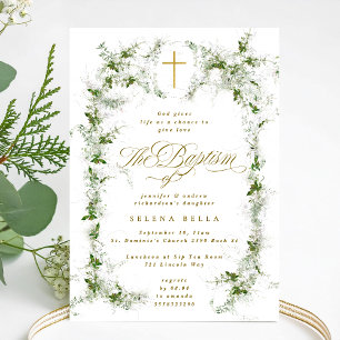 Eucalyptus Wreath Gold Cross Baptism Invitation