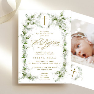 Eucalyptus Wreath Gold Cross Baptism Photo Invitation