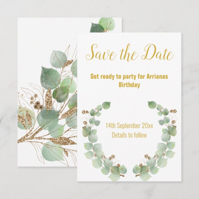 EUCALYPTUS WREATH GOLD WHITE RESPONSE RSVP CARD (Front/Back)