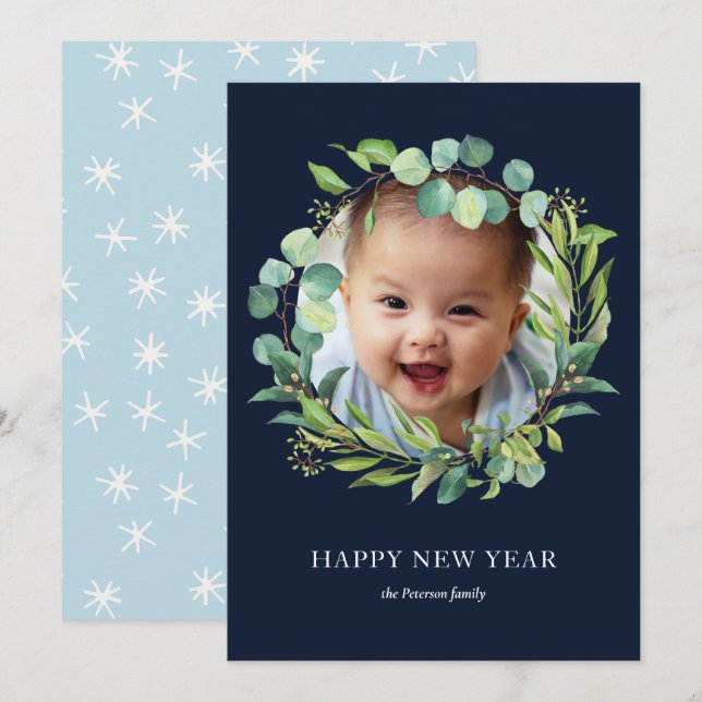 Eucalyptus Wreath | Green Foliage New Year Photo Holiday Card (Front/Back)