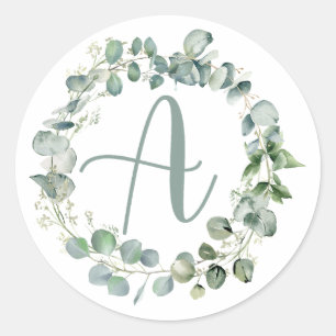 Eucalyptus Wreath Monogram Typography Initial A Classic Round Sticker