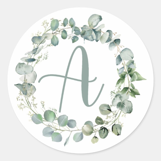 Eucalyptus Wreath Monogram Typography Initial A  Classic Round Sticker (Front)