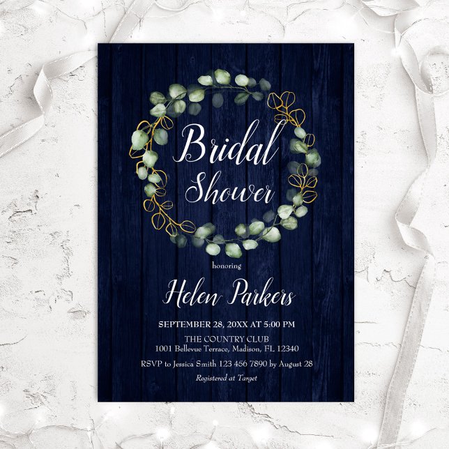 Eucalyptus Wreath Navy Blue Bridal Shower Invitation (Creator Uploaded)