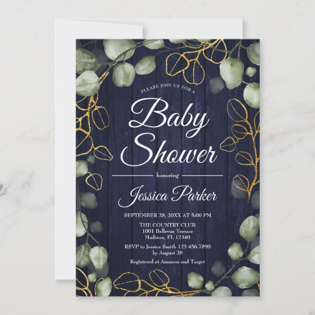 Eucalyptus Wreath Navy Wood Baby Shower Invitation (Front)