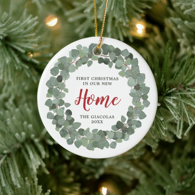 Eucalyptus Wreath Personalised 1st Xmas New Home Ceramic Ornament (Tree)