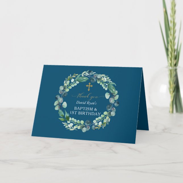 Eucalyptus Wreath Photo Boy Baptism First Birthday Thank You Card (Front)
