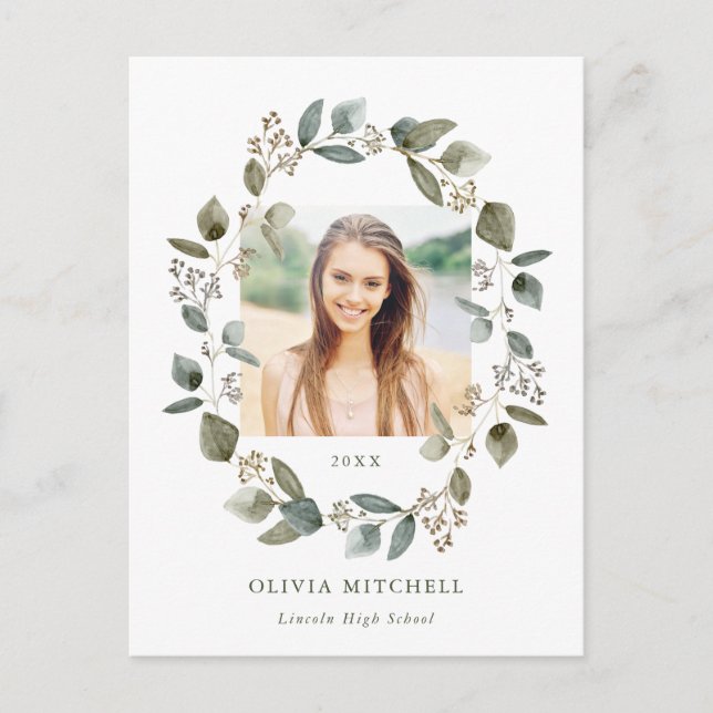 Eucalyptus Wreath | Photo Graduation Party Invitation Postcard (Front)