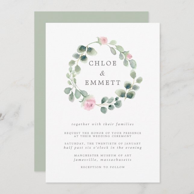 Eucalyptus Wreath, Pink Floral Wedding Invitation (Front/Back)