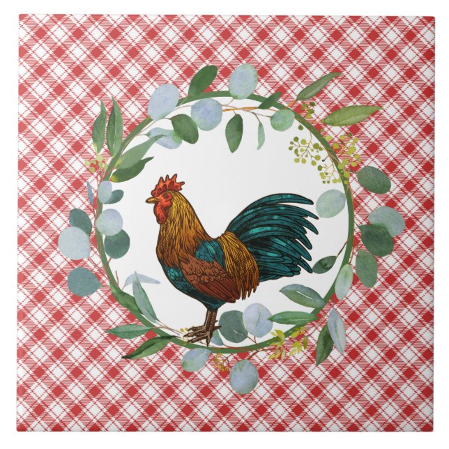Eucalyptus Wreath & Rooster Farmhouse  Ceramic Tile (Front)