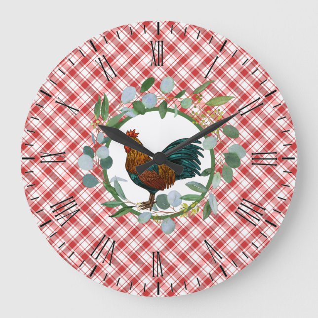 Eucalyptus Wreath & Rooster Farmhouse  Large Clock (Front)