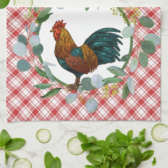 Eucalyptus Wreath & Rooster Farmhouse  Tea Towel (Folded)