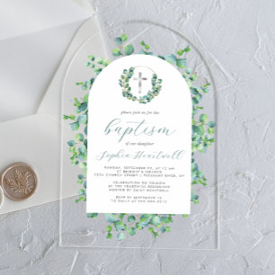 Eucalyptus Wreath Silver Cross Arch Baptism Acrylic Invitations