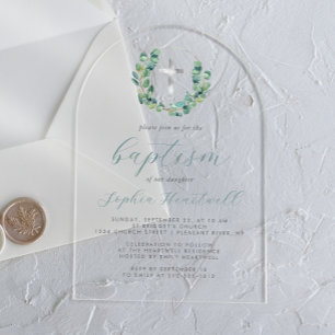 Eucalyptus Wreath Silver Cross Baptism Acrylic Invitations