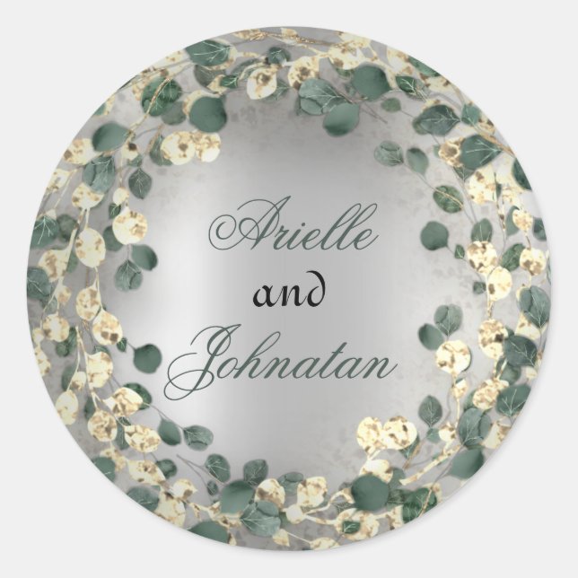 Eucalyptus Wreath Wedding Name Favour Green Gold Classic Round Sticker (Front)