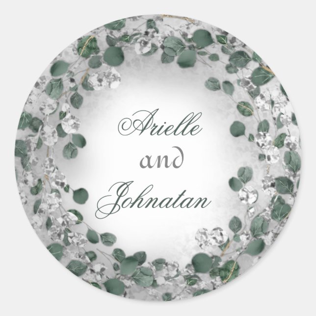 Eucalyptus Wreath Wedding Name Favour Green Silver Classic Round Sticker (Front)