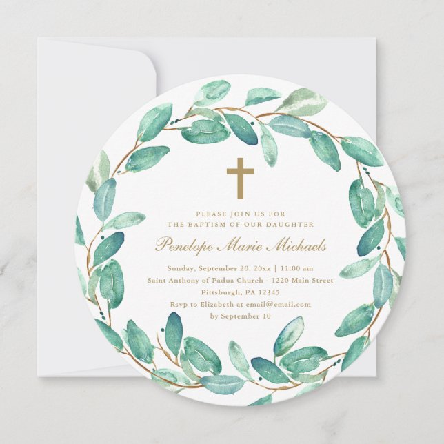 Eucalyptus Wreath with Cross Baptism Invitation (Front)