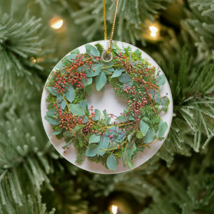 Eucalyptus wreath with pastel berries ceramic ornament