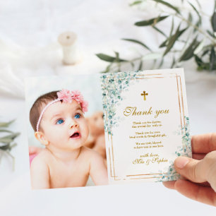 Eucalypyus & Gold Photo Baptism Thank You Card