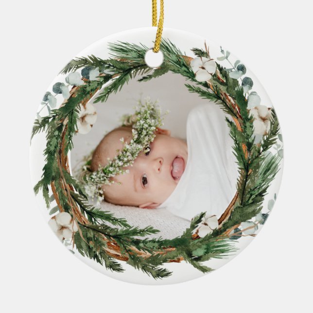 Eucalytus and Pine Wreath Baby Photo Christmas Ceramic Ornament (Front)