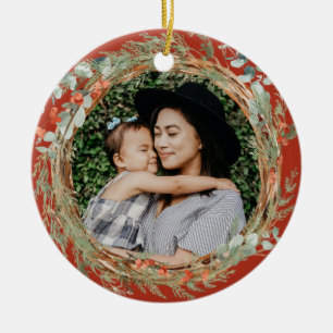 Eucalytus and Winterberry Wreath Photo Christmas Ceramic Ornament
