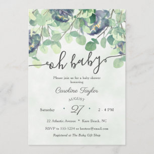 Eucualyptus Greenery Navy Blue Floral Baby Shower Invitation