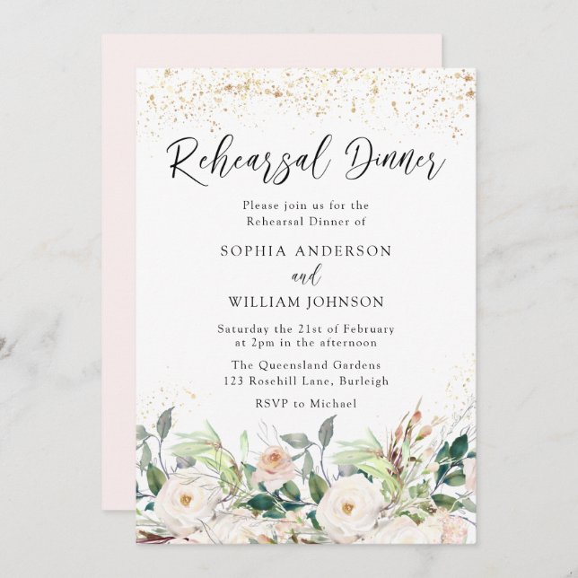Euphoric Blush & White Flowers Rehearsal Dinner Invitation (Front/Back)