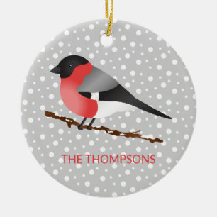 Eurasian Bullfinch & Custom Family Name Christmas Ceramic Ornament