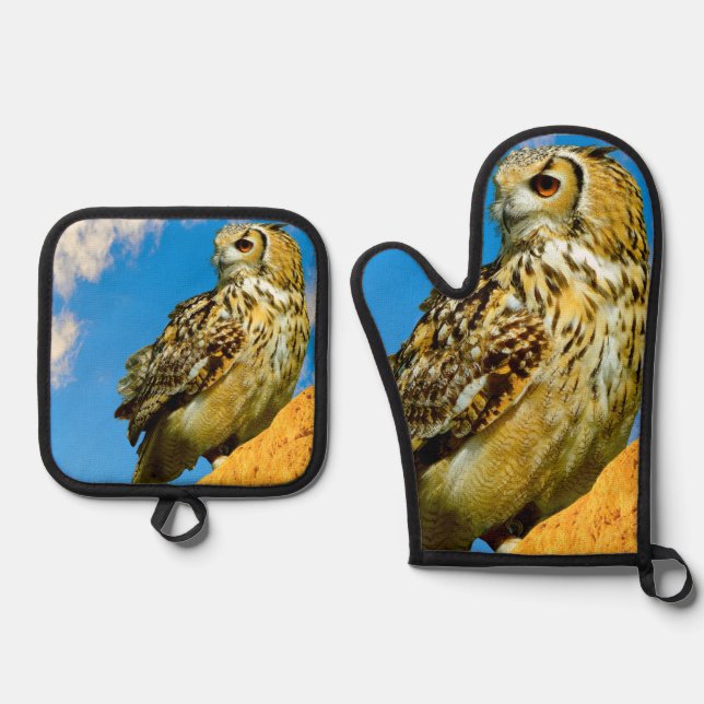 Eurasian eagle owl  oven mitt & pot holder set (Front)