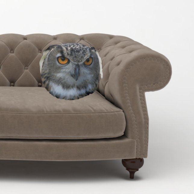 Eurasian Eagle Owl with Orange Eyes Round Cushion (In Situ Sofa)