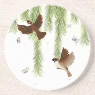 Eurasian Tree Sparrows Under a Weeping Willow Coaster