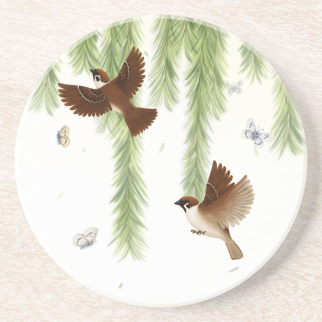 Eurasian Tree Sparrows Under a Weeping Willow Coaster (Front)