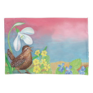 Eurasian wren & Snowdrop & Primroses Pillowcase