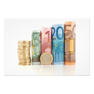 euro rolled bills and coin photo print