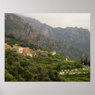 Europe, France, Corsica, Ota.  Town of Ota and Poster