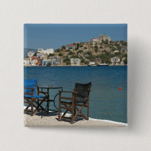 Europe, Greece, Kastellorizo: chairs on the edge 15 Cm Square Badge