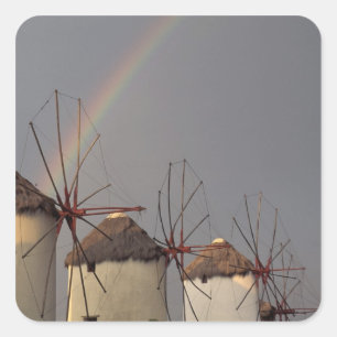 Europe, Greece, Mykonos. wind mill with rainbow Square Sticker