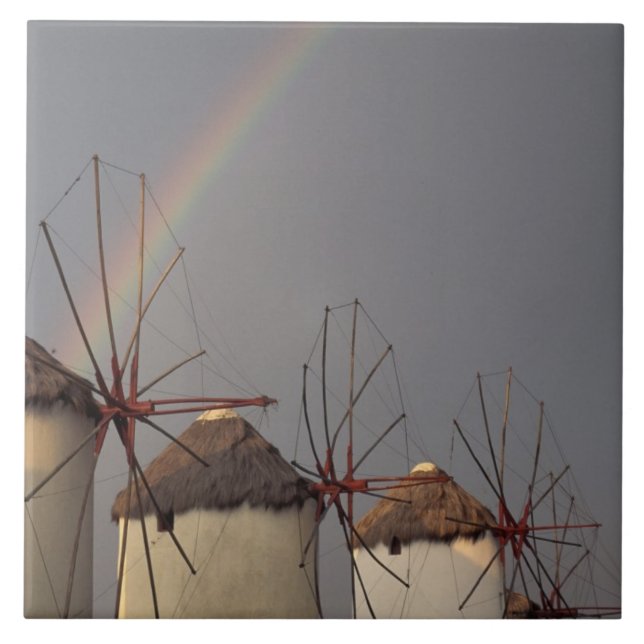 Europe, Greece, Mykonos. wind mill with rainbow Tile (Front)