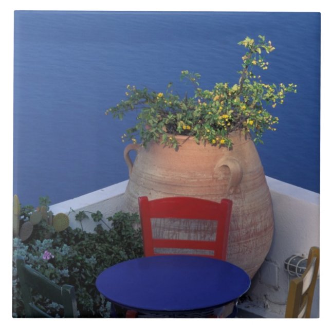 Europe, Greece, Santorini. Terrace with sea view Ceramic Tile (Front)