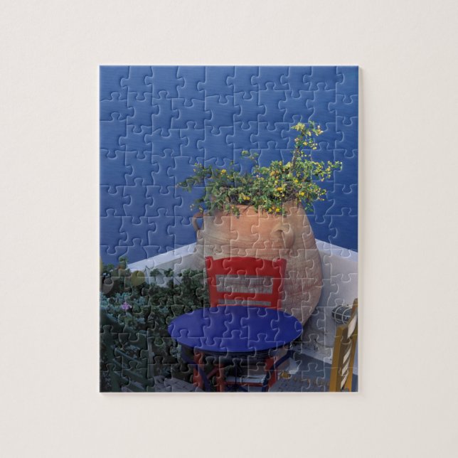 Europe, Greece, Santorini. Terrace with sea view Jigsaw Puzzle (Vertical)